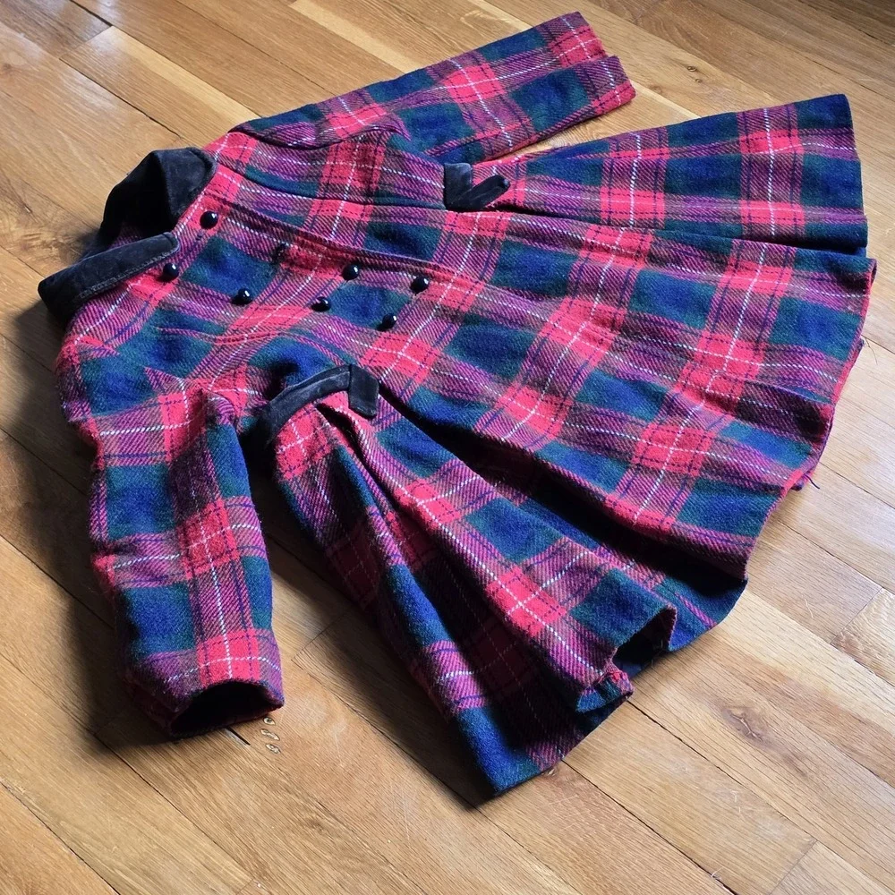 Rothschild Of Philadelphia Vintage Girls Coat Red Black Wool Plaid Velvet Trim 4